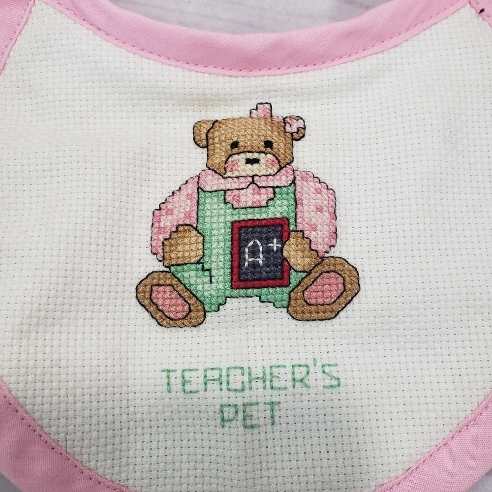 Handmade Cross Stitch Baby Bib Teddy Bear Teacher's Pet With Squeaker Terrycloth